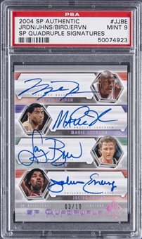 2004-05 SP Authentic "SP Quadruple Signatures" #JJBE Michael Jordan/Magic Johnson/Larry Bird/Julius Erving Multi-Signed Card (#03/10) – PSA MINT 9